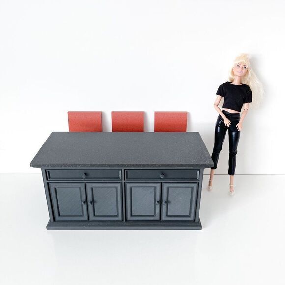 Barbie Integrity Doll Black Kitchen Island 1:6 Scale 3 Matched Chairs 3D Printed - Picture 12 of 13